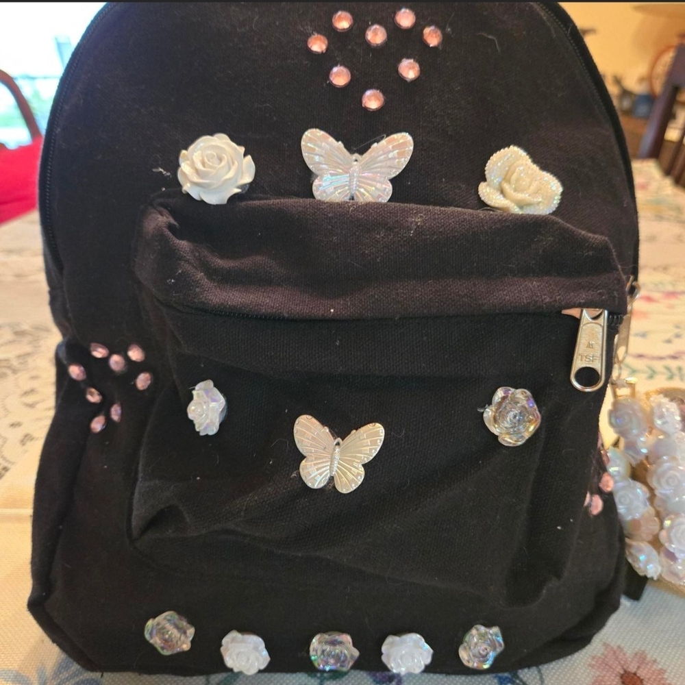 Black and Pink Backpack with Butterfly and Rhinestone Accents - Picture 3 of 4